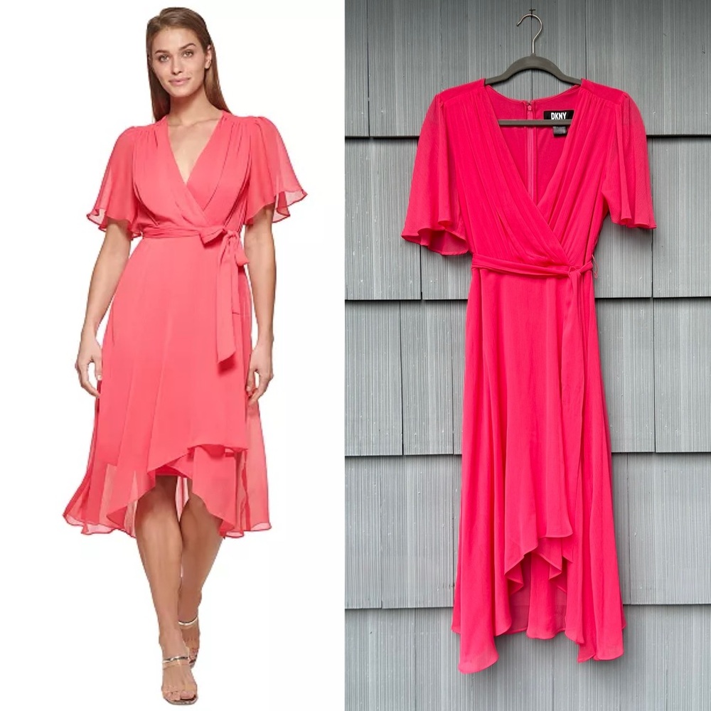 NWOT DKNY PINK FLUTTER SLEEVE FAUX WRAP DRESS SIZE 8, HIGH LOW SHORT SLEEVE